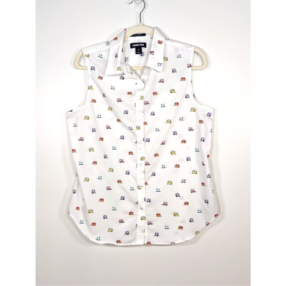 Lands' End Supima Cotton Sleeveless Button Up Blouse Camper Print 12